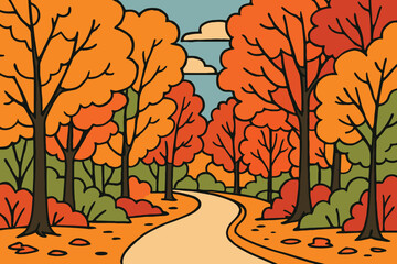 Scenic Winding Path Through Vibrant Autumn Forest with Orange and Yellow Foliage