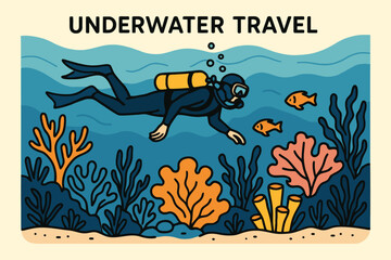 Scuba Diver Exploring Colorful Coral Reef with Tropical Fish Underwater