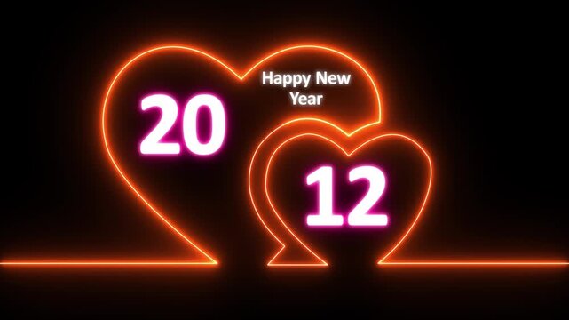 Neon line valentines day animated card with hearts love. Neon glowing Two love hearts. Valentine's Day indicate. Love One line drawing concept, valentines love heart with happy new year 2012