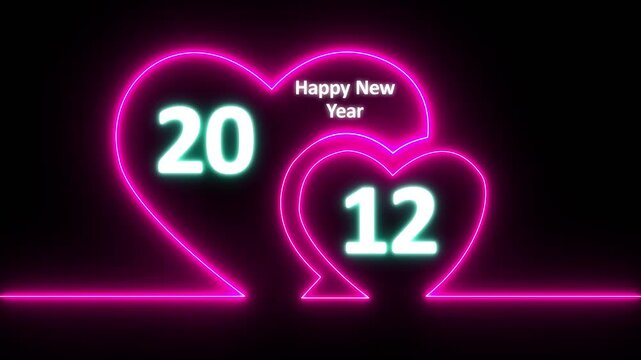 Neon line valentines day animated card with hearts love. Neon glowing Two love hearts. Valentine's Day indicate. Love One line drawing concept, valentines love heart with happy new year 2012