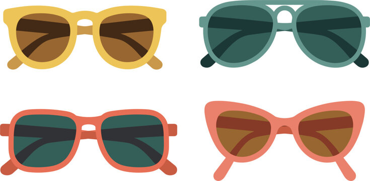 Set of four colorful vector sunglasses in retro styles featuring yellow, teal, orange and pink frames for summer