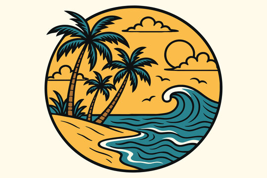 Retro style tropical beach scene with palm trees and ocean waves illustration