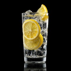 Tall glass filled with ice, clear liquid, and lemon slices against a stark black background