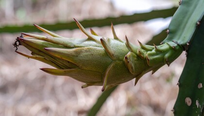 Obraz premium Close-up of a dragon fruit bud on a plant.