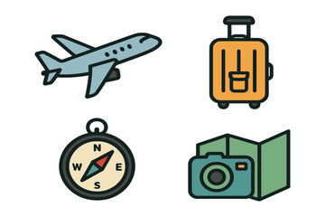 Minimalist Travel Icon Set Featuring Airplane, Suitcase, Compass and Camera Map