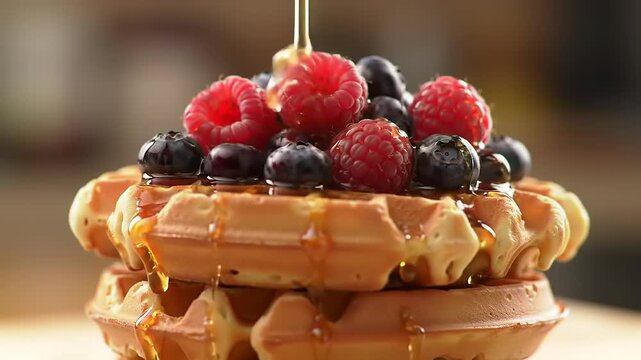 Syrup pouring on waffles with berries.