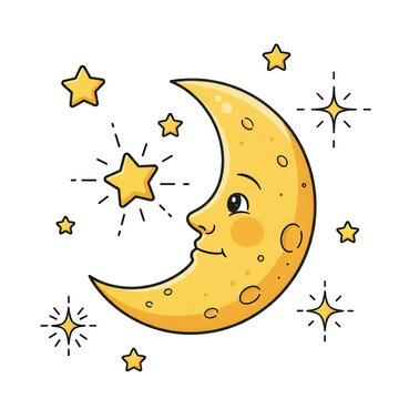 Smiling crescent moon with stars on black background