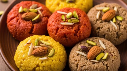 Selection of colorful indian traditional sweets or mithai and ladoo dessert on a plate. Festive confectionery for celebrate occasion.