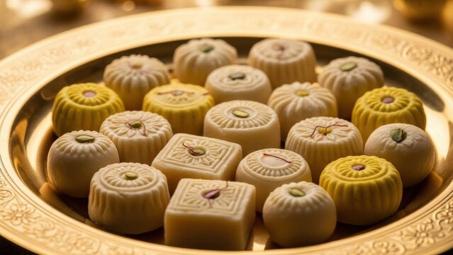 Assorted Indian traditional sweets, sandesh, and peda, on a golden plate, for festive celebration. Indian festive food and dessert.