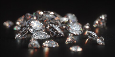Close-up of sparkling, faceted, clear gemstones piled on a dark, reflective surface