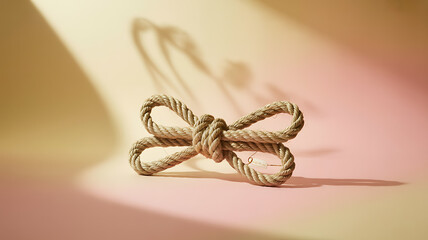 Rustic rope bow tie resting on a soft pastel yellow and pink gradient background with artistic shadows