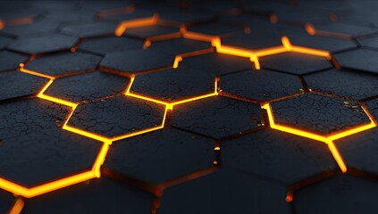 Abstract geometric pattern with glowing orange cracks between dark hexagons