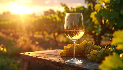 A glass of white wine sits atop a wooden surface, set in a sun-drenched vineyard at golden hour