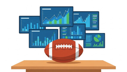 American football resting on a wooden table, with multiple screens displaying various financial charts and graphs in the background.