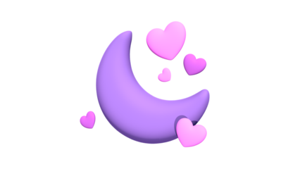 Romantic Wedding Crescent Moon with Floating Hearts Icon on PNG Background 3D Love Design