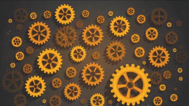 Intricate golden gears pattern on dark background symbolizing technology and industry