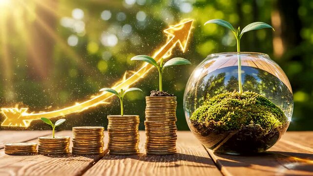 Golden coin stacks with growing green plants and glowing upward arrow beside moss filled glass sphere in warm sunlight