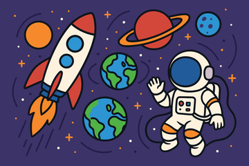 Astronaut floating in space near a rocket ship and colorful planets illustration © mdalhazsarkar