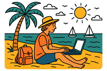 Fototapeta premium Digital Nomad Working on Laptop While Relaxing on a Tropical Sandy Beach