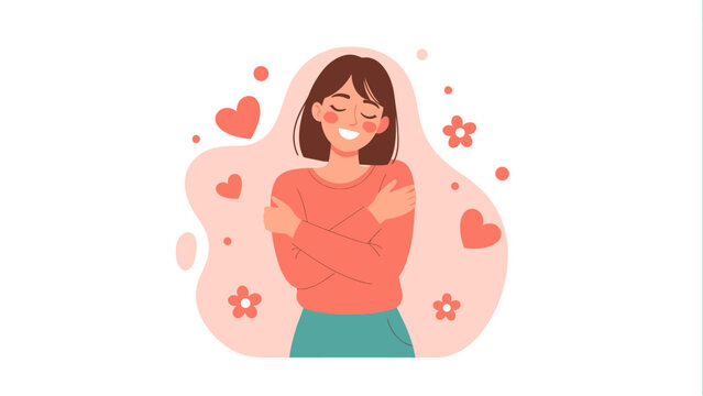 Flat vector illustration of a woman hugging herself with closed eyes surrounded by hearts and flowers