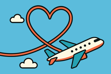 Airplane flying in blue sky leaving a heart shaped smoke trail for travel love concept