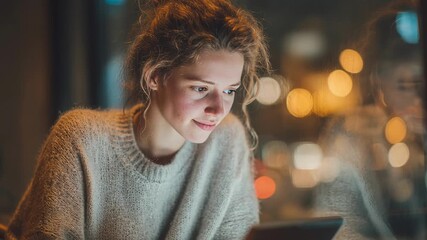 Blonde woman smiles warmly at cafe table with tablet, cozy bokeh lights create joyful evening social media moment