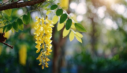 Close-up of a vibrant yellow flower cluster hanging from a tree branch with green leaves