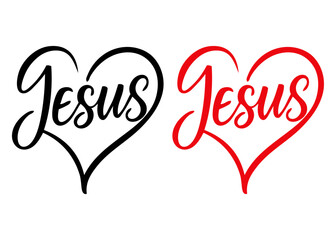 Concepto religioso del amor cristiano. Dibujo con líneas con texto caligráfico Jesus formando parte de un corazón  © teracreonte