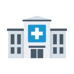 Modern hospital building with blue and white medical cross sign