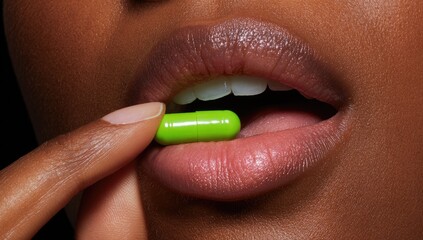 Close-up of a person about to swallow a bright green pill with mouth open