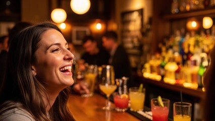 Laughing woman enjoying colorful cocktails at a lively, atmospheric bar