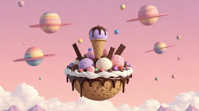 Whimsical floating ice cream dessert island in a pastel space sky
