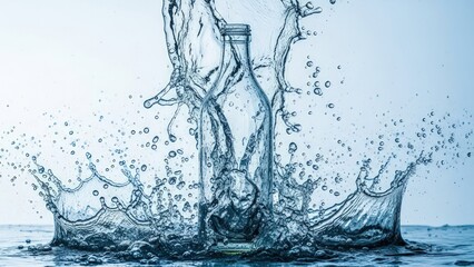 Clear bottle amid dynamic water splash, frozen mid-air, studio shot, blue background
