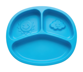Creative blue divided plate for kids kitchen product fun top view isolated on transparent background