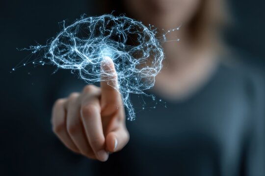 Finger touching glowing blue neural network brain hologram on dark background technology - Powered by Adobe