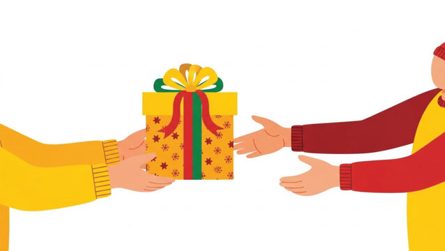 Two hands, one giving a festive yellow gift box with green and red ribbon and star patterns, to another pair of outstretched hands.