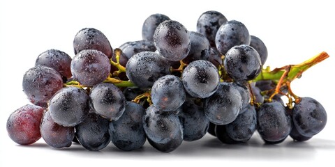 Close-up of a cluster of ripe, glistening dark purple grapes on a white background