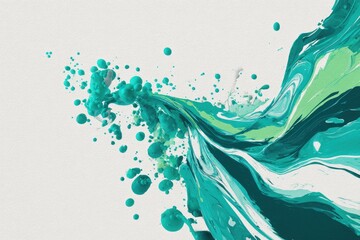 Dynamic swirl of turquoise paint with droplets, flowing on textured white