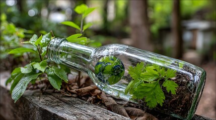 Glass bottle terrarium with a green plant and soil on the forest ground, symbolizing recycling, ecology, and environmental sustainability