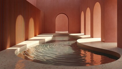 Rendered interior with water feature, arched doorways, and warm lighting in a minimalist space
