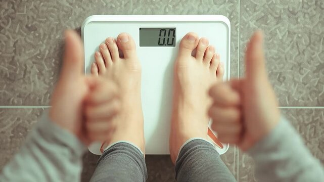 Child's feet on digital bathroom scale with thumbs up hands, joyful weight loss success celebration fitness achievement