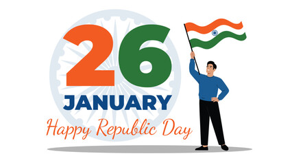 26 January Indian Republic Day celebration illustration with young man holding tricolor flag patriotic greeting design for national pride banner poster and vector artwork