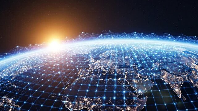 Digital network grid growing over Earth at sunrise, global connection concept