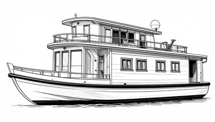Obraz premium Detailed Line Art Illustration of a Two-Story Houseboat.