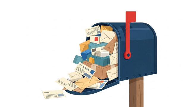 Blue mailbox overflowing with a large variety of letters and packages, indicating a high volume of mail or junk mail.