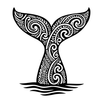 Silueta de cola de ballena con decoraci&oacute;n de tatuajes tribales maor&iacute;es con olas de mar 