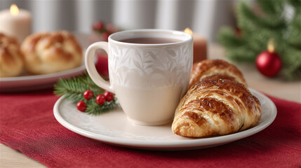 Cup of coffee with a fresh croissant on a plate, styled with red holiday accents. Cozy winter breakfast still life, festive atmosphere, and copy space for greeting text.