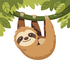 Obraz premium Adorable Cartoon Sloth Hanging from Tree Branch Vector Graphic Illustration for Kids' Content and Wildlife Themes