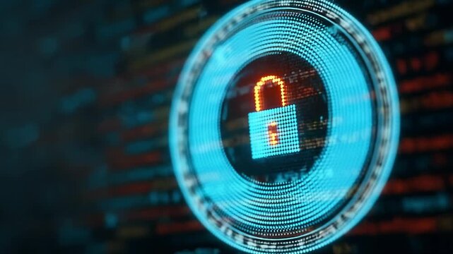 Glowing orange digital padlock on blue code matrix background, cybersecurity encryption protection concept hacker theme