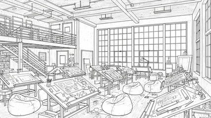 Industrial office space with modern furniture and large windows viewed from an elevated perspective